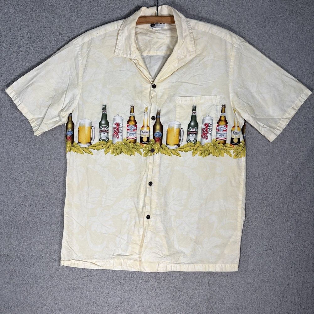Vintage Aloha Republic Shirt Men’s L Beer Motif Camp Yellow USA Dadcore Resort - Picture 1 of 16